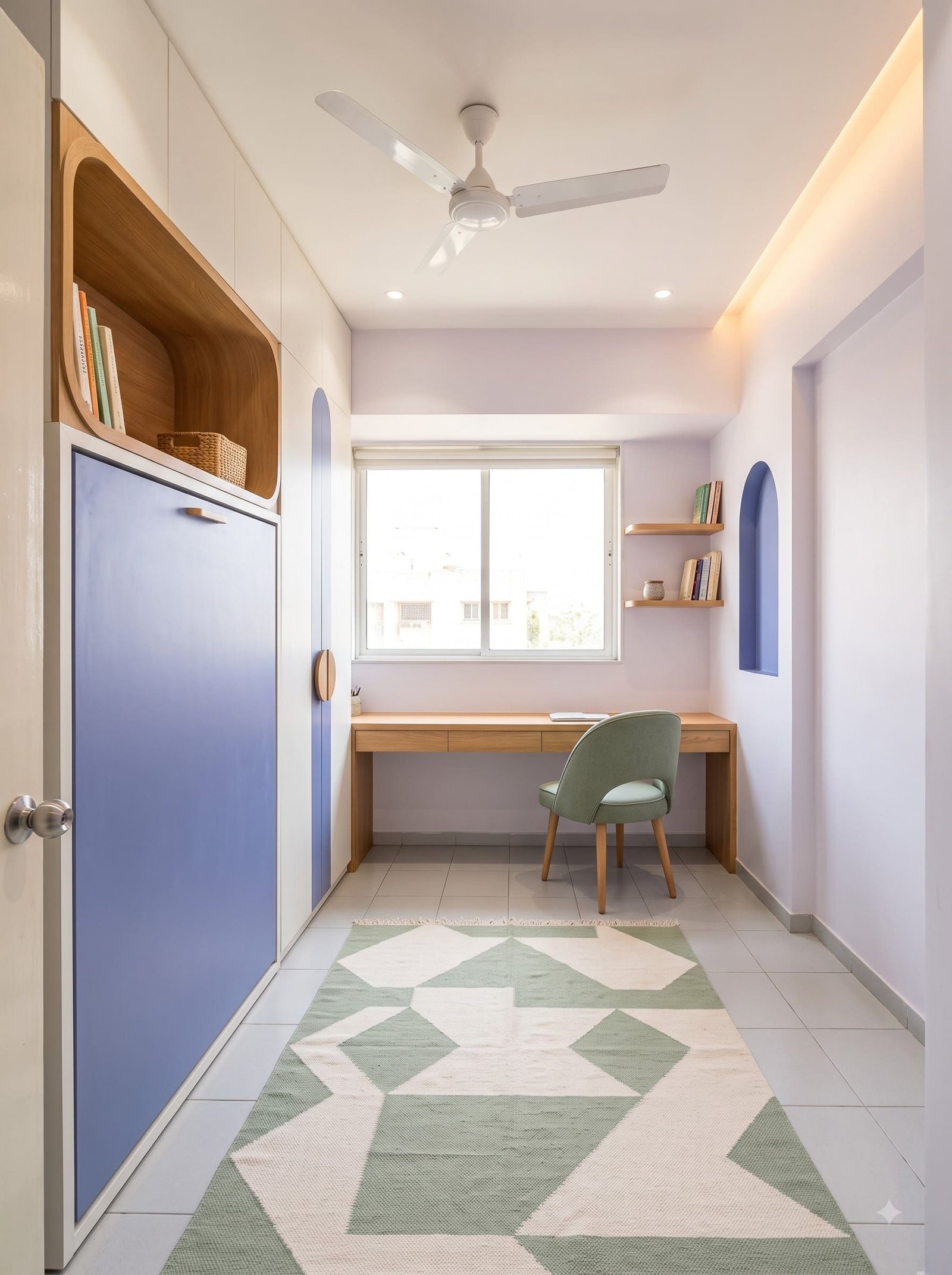 After: the same room with a periwinkle horizontal Dwalsbed closed, an oak desk under the window and an open floor.