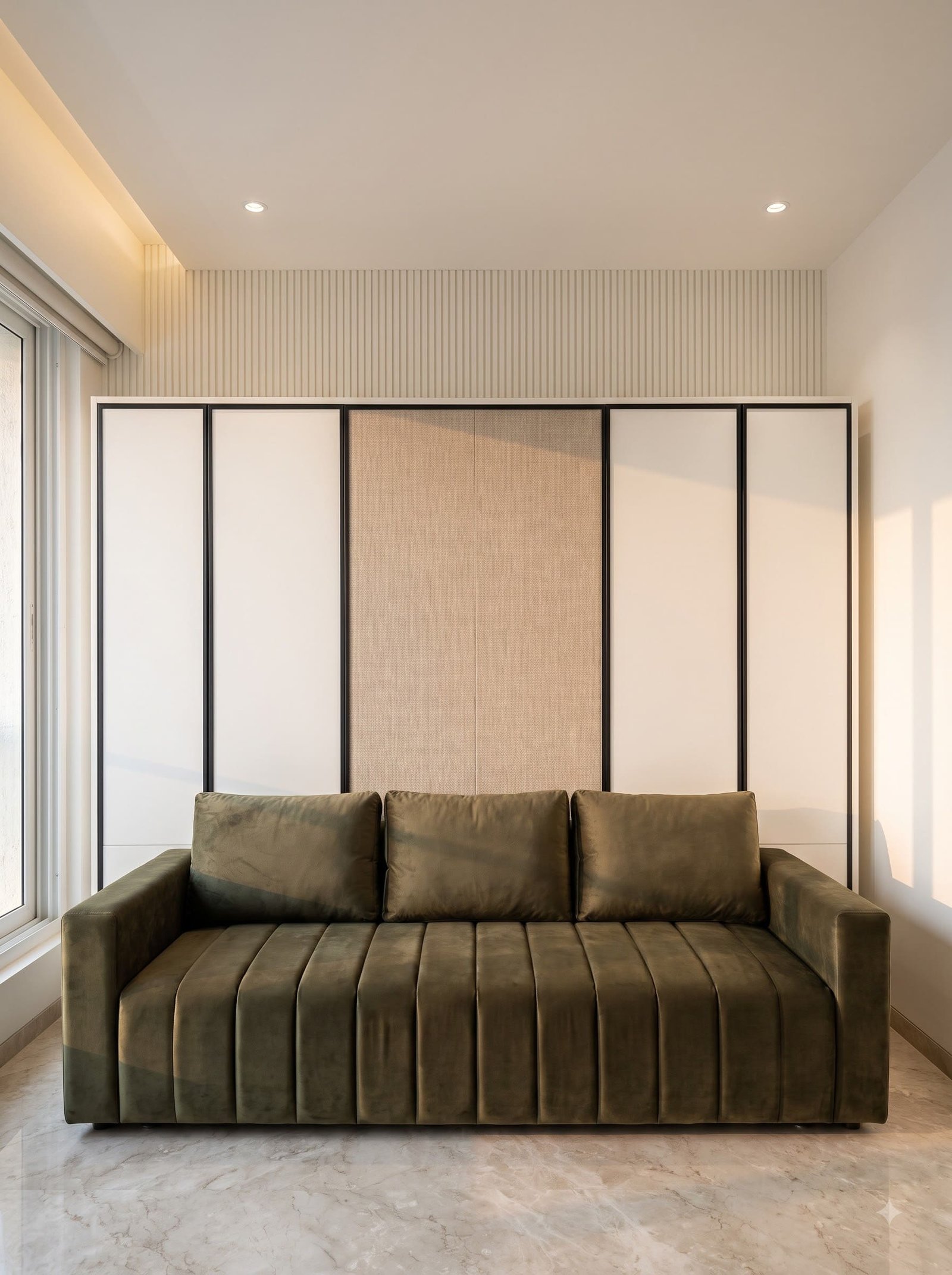 6×6 Dwalsbed closed: white panels with a fabric-texture centre door and side cabinets, olive velvet sofa in front.