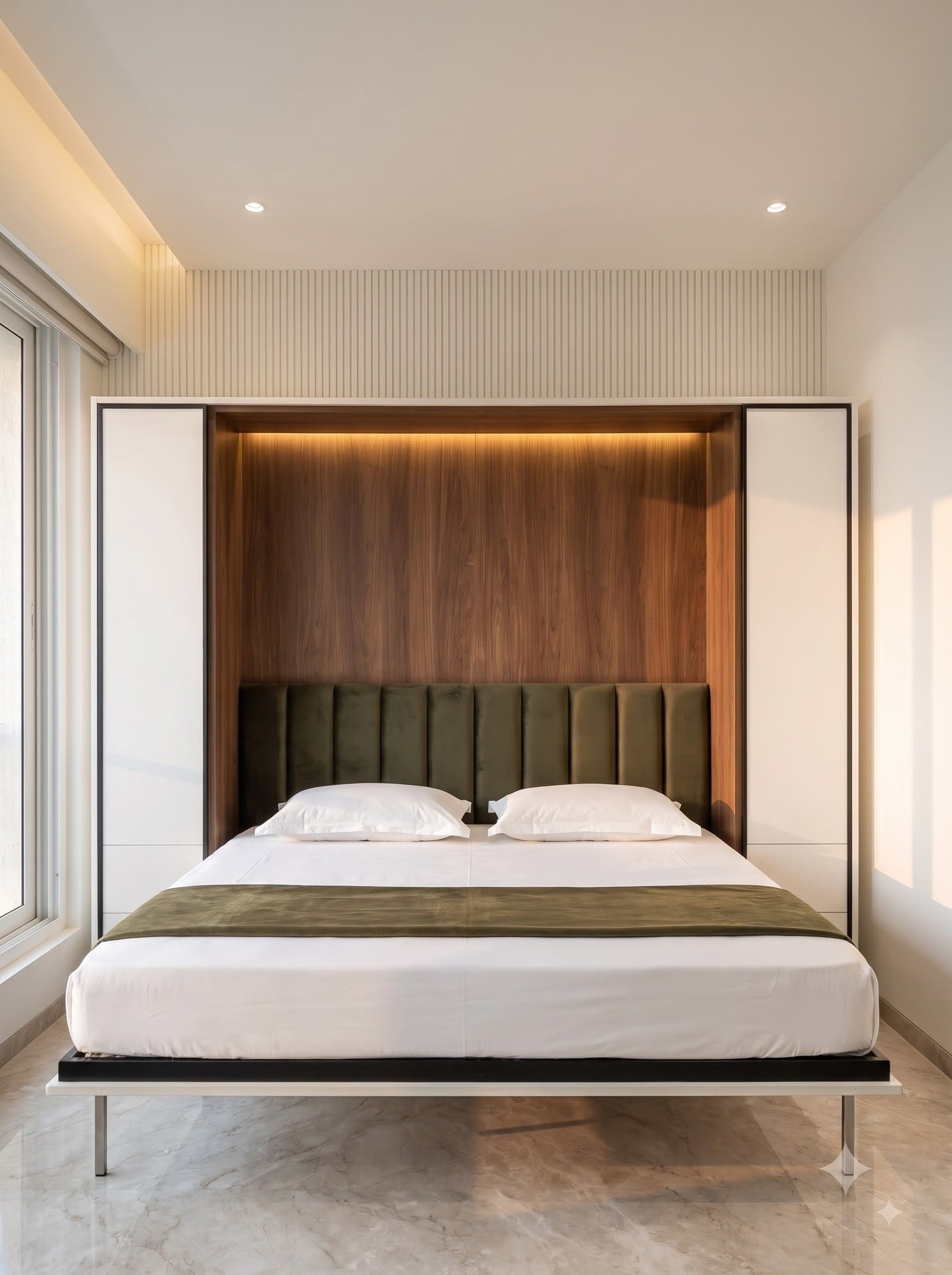 6×6 Dwalsbed open: king mattress with olive headboard and walnut back panel lit from above, side cabinets either side.
