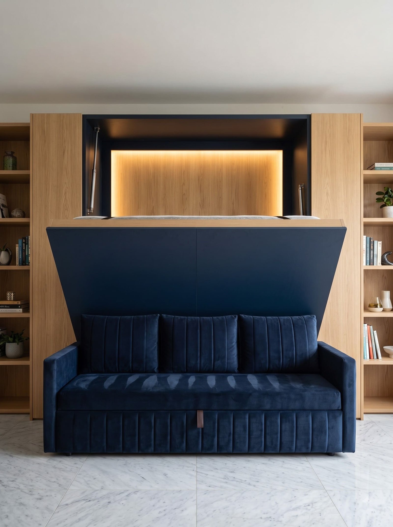 Navy Dwalsbed caught halfway through opening — gas struts visible, oak cabinet lit from inside, navy sofa waiting below.