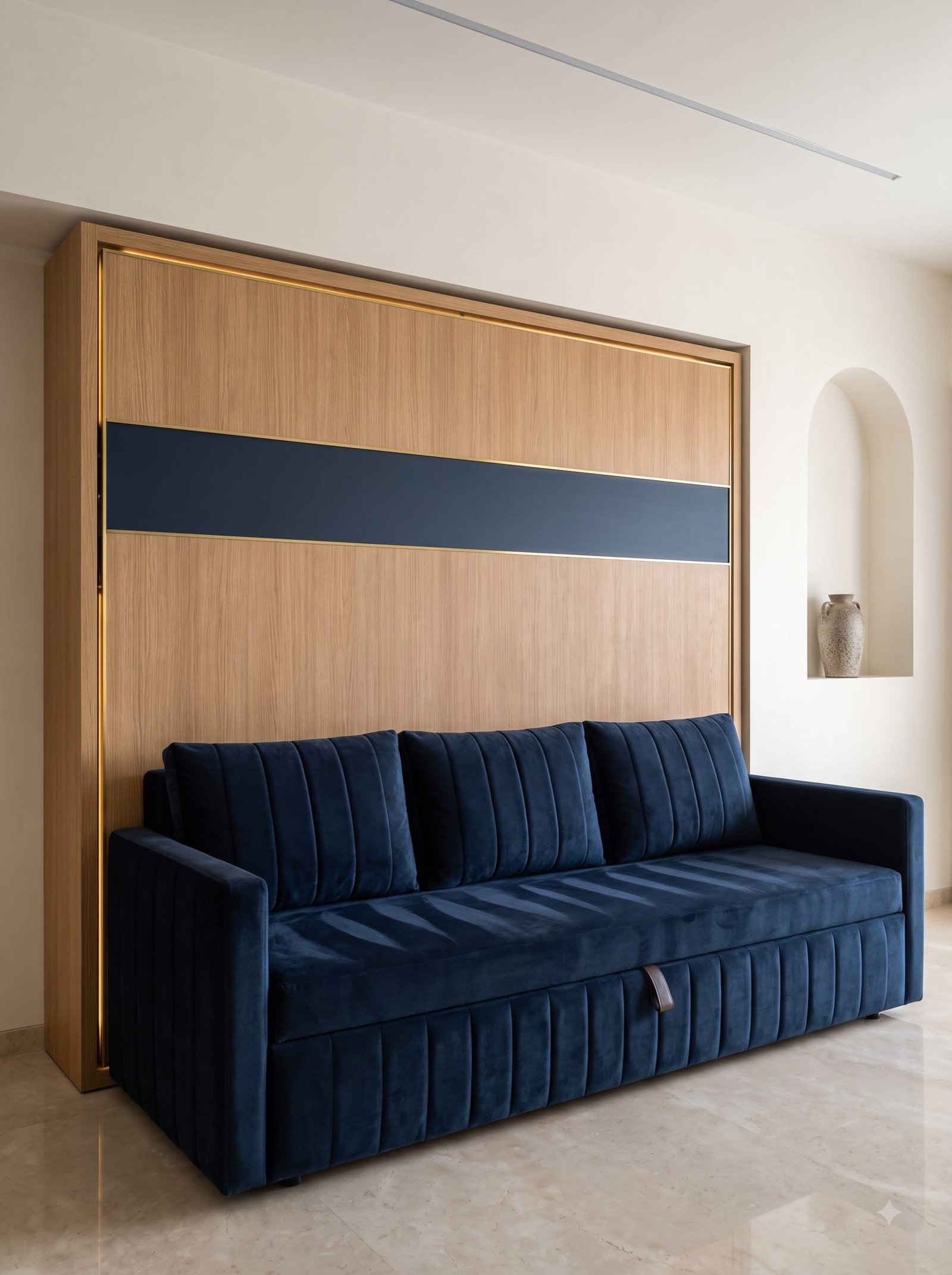Horizontal Dwalsbed in oak with a navy band, closed, behind a navy velvet three-seater sofa beside an arched niche.