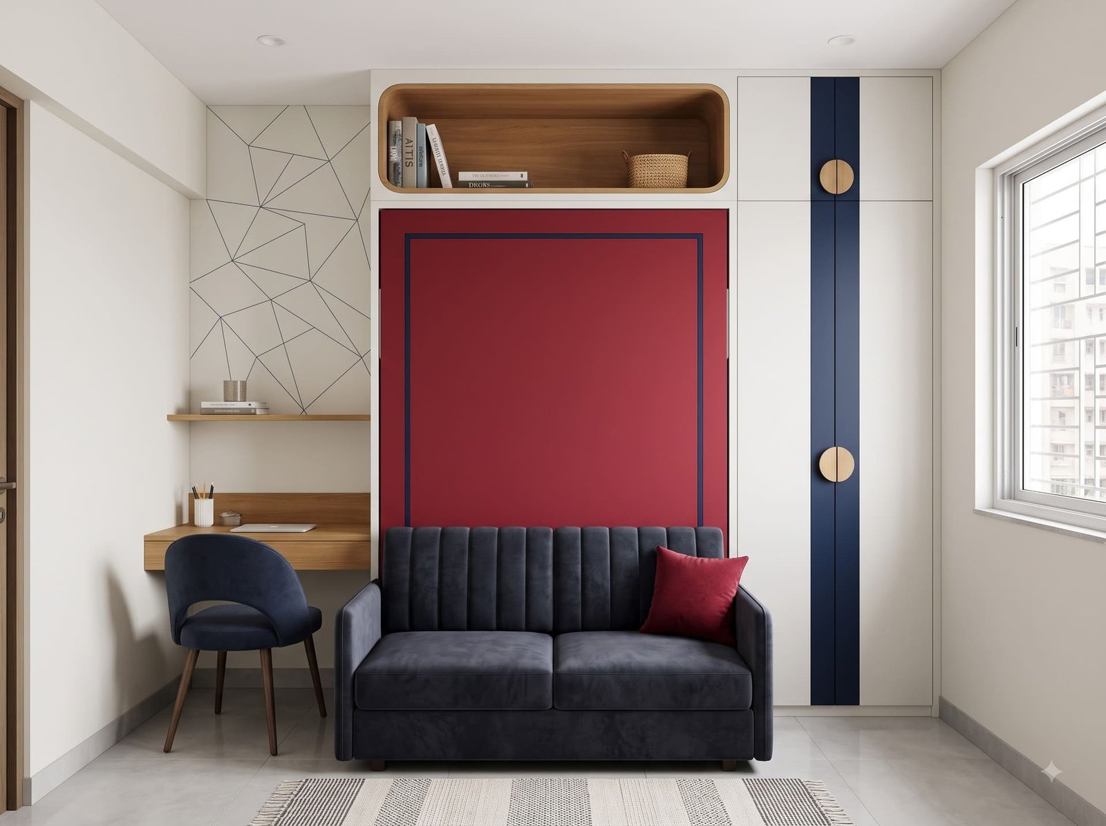 Spider-Man-themed kids' room: red Dwalsbed closed with a navy piped border, navy sofa, oak shelf and study desk.