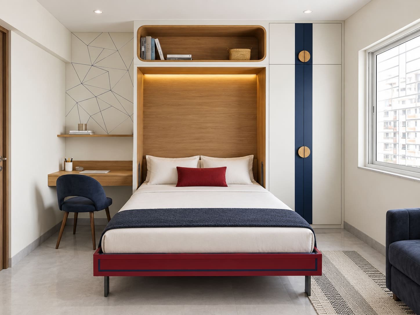 The same Spider-Man-themed room with the red Dwalsbed open, oak back panel lit, navy throw and red cushion.