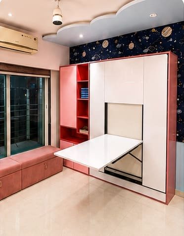 Space-themed room, desk mode: the hidden study table folded out of the closed Dwalsbed.