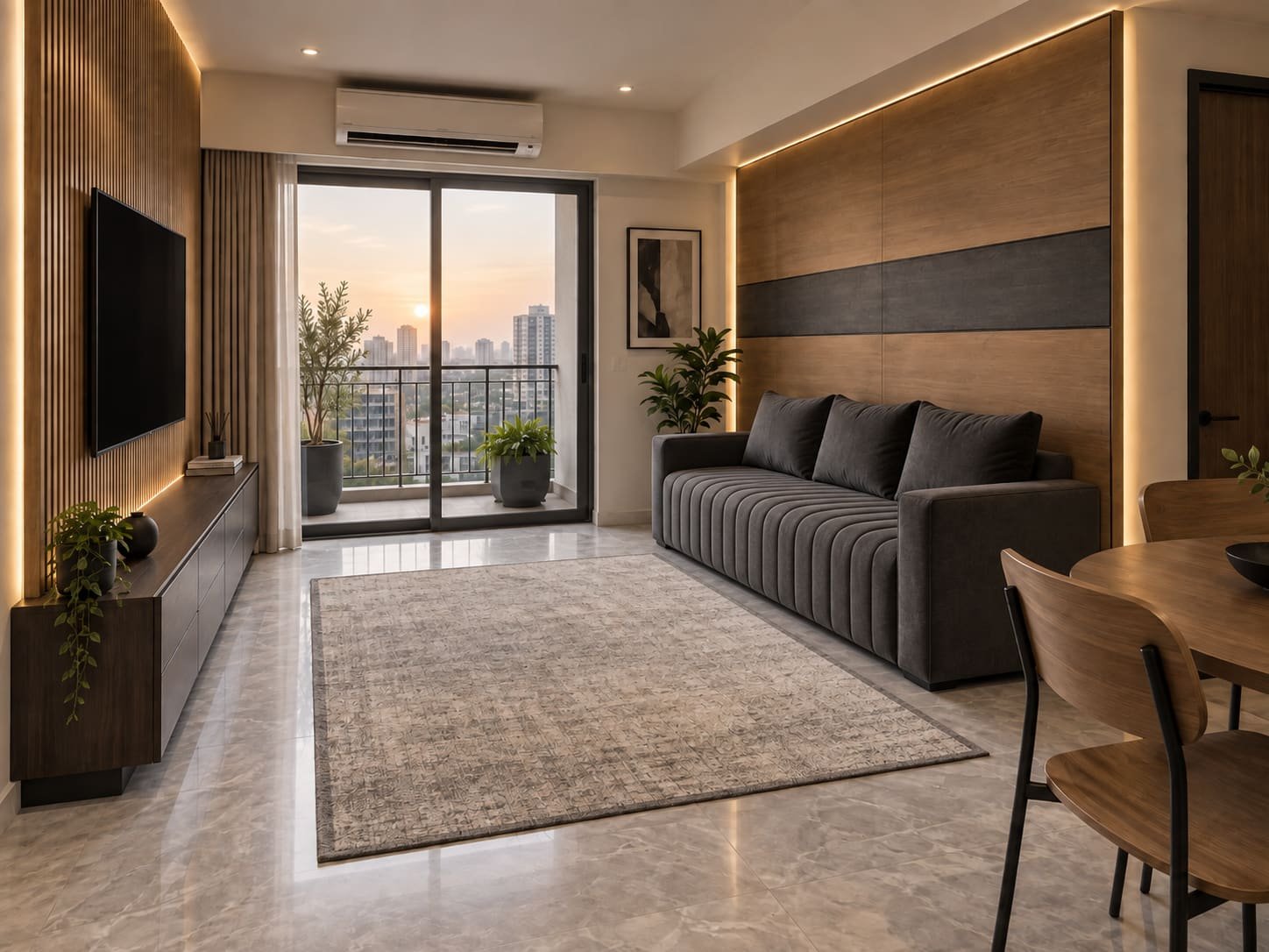 Living room with a walnut-panelled Dwalsbed closed behind a charcoal sofa, TV wall opposite and a balcony sunset over Mumbai.
