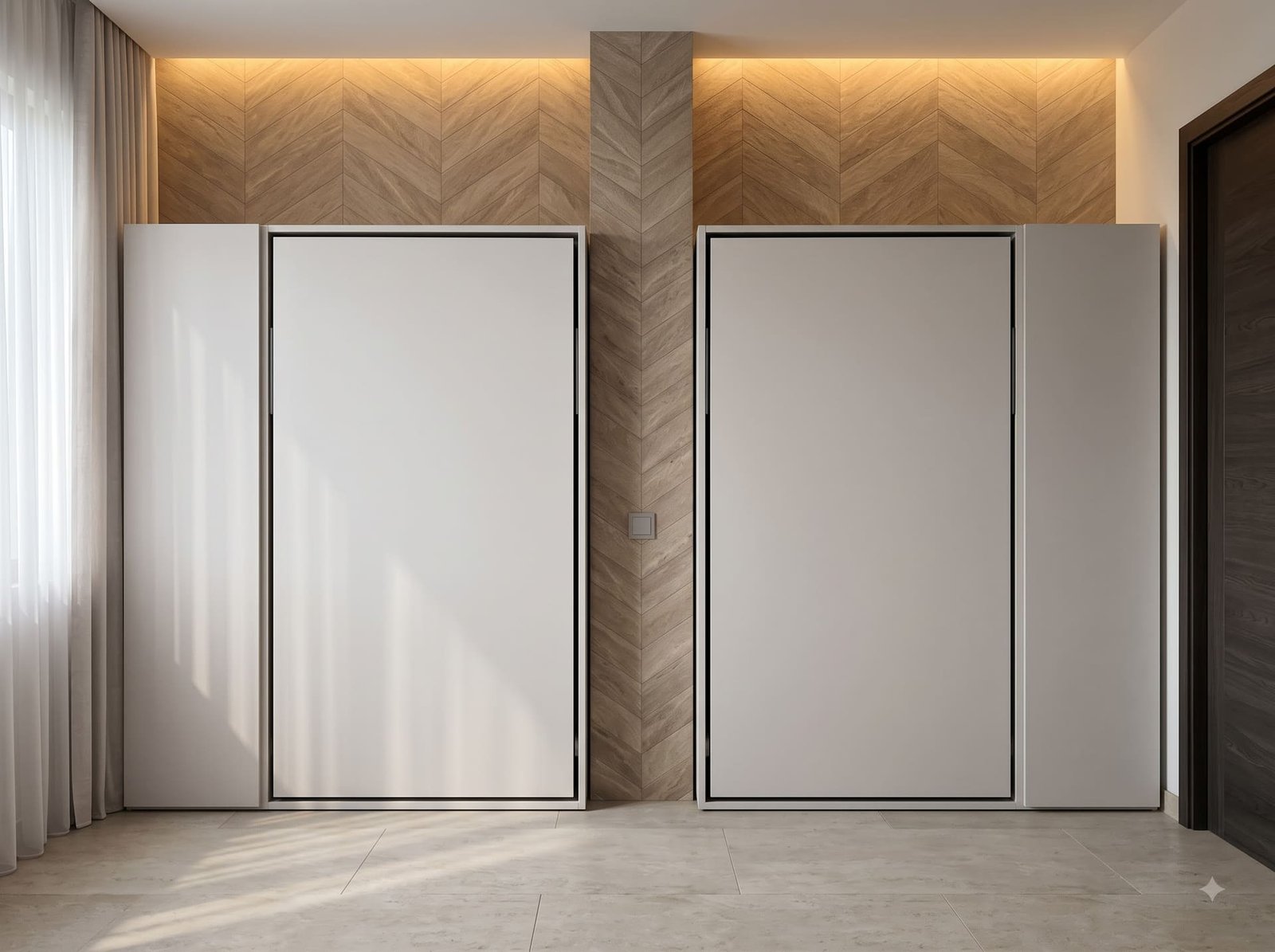 Kids' room with two single Dwalsbeds closed, pale grey doors and side wardrobes against a chevron oak wall.