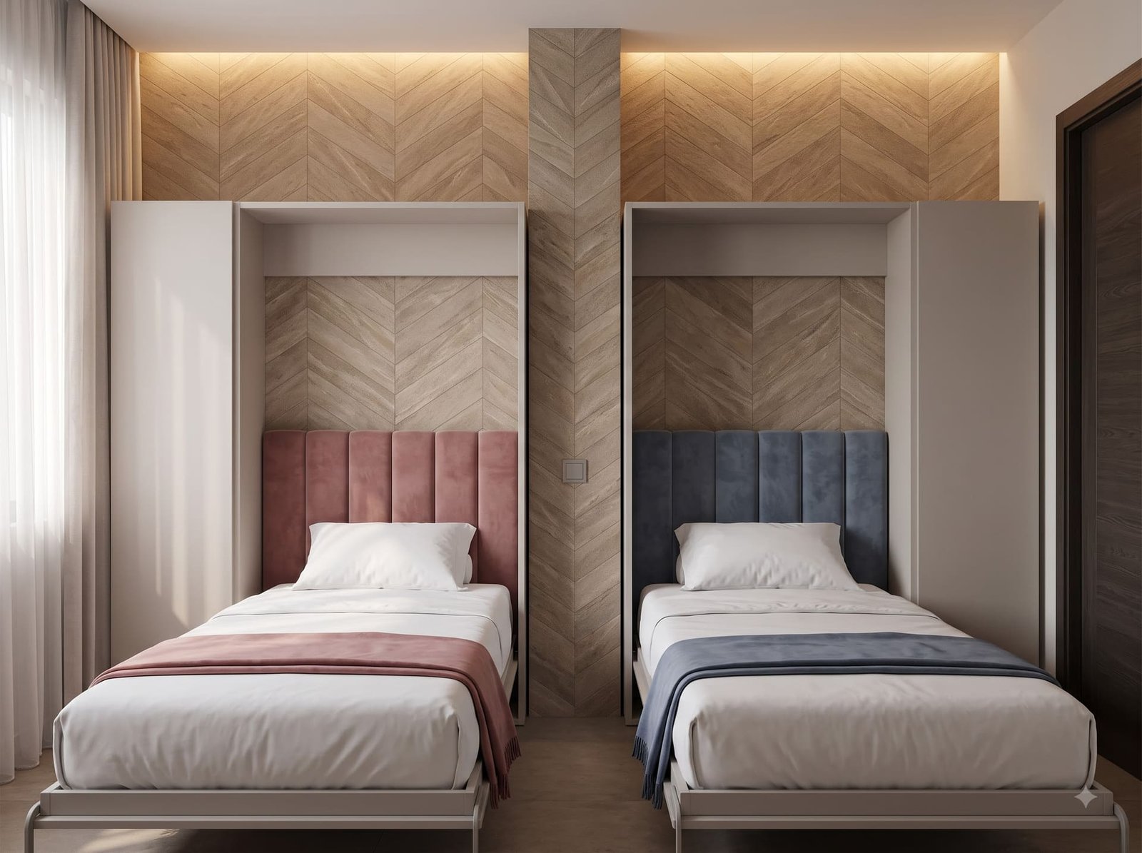 The same kids' room with both Dwalsbeds open: pink and blue velvet headboards, white bedding.