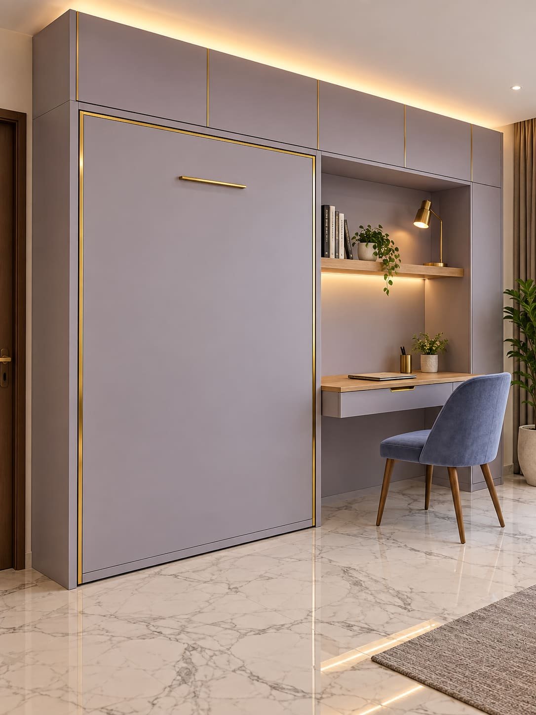 4×6 Dwalsbed in a mauve full-wall unit with brass handles, overhead lofts and a built-in study nook with a blue velvet chair.